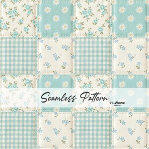 Puede incluir: Un patrón sin costuras con un diseño de patchwork. Los cuadrados alternan entre cuadros de vichy azul claro, estampados florales con flores azules y margaritas blancas. El texto "Seamless Pattern" se muestra en el centro de la imagen.