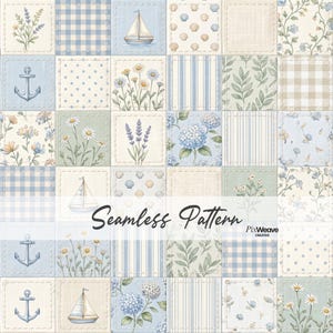 May include: A seamless pattern featuring a patchwork design with nautical and floral elements. The squares include images of sailboats, anchors, seashells, lavender, daisies, and hydrangeas in soft blue, beige, and green tones. The text "Seamless Pattern" is displayed.