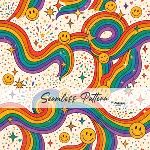 May include: A seamless pattern featuring rainbows, smiley faces, stars, and confetti on a cream background. The rainbows are in shades of red, orange, yellow, green, blue, and purple. The text "Seamless Pattern" is visible.