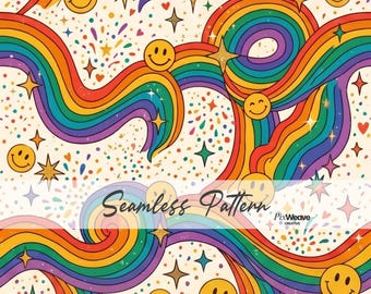 Padrão retrô de sorriso com arco-íris, estampa digital para tecido com tema LGBTQ+, estampa têxtil hippie com carinha feliz dos anos 2000.