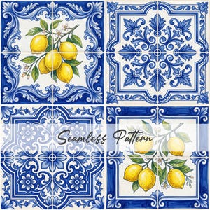 May include: Four square ceramic tiles with a seamless pattern. Each tile has a white background with a blue border and design. Some tiles feature yellow lemons on branches, while others have floral patterns. The text "Seamless Pattern" is visible.