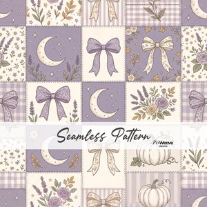 Patrón sin costuras de patchwork de calabaza lavanda, tela de patchwork floral con lazo coqueto, papel digital cottagecore