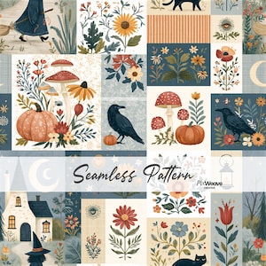 Könnte beinhalten: Ein nahtloses Muster mit einer Collage aus Illustrationen, darunter Kürbisse, rote Pilze, schwarze Krähen, ein Haus, eine Mondsichel und verschiedene Blumenmotive. Der Text Seamless Pattern und PixWeave Creative ist in der Mitte aufgedruckt.