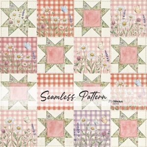 May include: A seamless pattern design featuring a patchwork of floral and gingham squares. Each square showcases daisies, lavender, and butterflies. The text "Seamless Pattern" is displayed in the center.