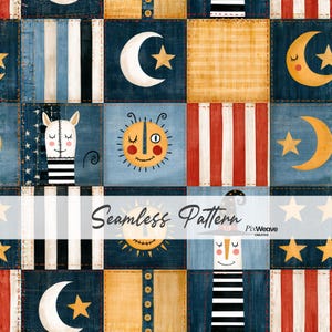 May include: A seamless pattern featuring a grid of squares with illustrations of crescent moons, stars, suns, striped figures, and red and white stripes. The design includes the text Seamless Pattern and PixWeave Creative overlaid in the centre.