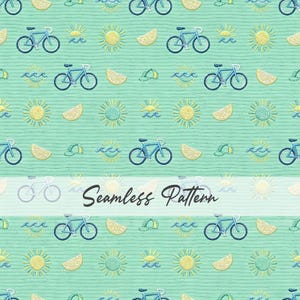 Könnte beinhalten: Nahtloses Muster mit hellblauen Fahrrädern, gelben Sonnen, Zitronenscheiben und stilisierten Wellen auf einem strukturierten, hellgrünen Hintergrund. Der Text "Seamless Pattern" wird in einem Banner angezeigt.