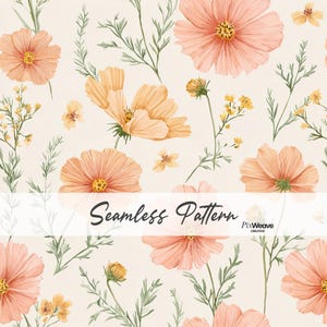 Può includere: Un motivo senza cuciture con fiori di cosmo color pesca chiaro e piccoli fiori gialli con fogliame verde su sfondo crema. Una fascia orizzontale bianca al centro mostra il testo Seamless Pattern e PixWeave Creative.