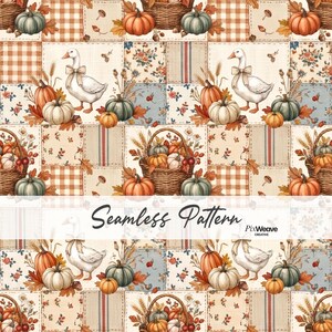 Può includere: Un motivo continuo con un design patchwork di oche bianche con fiocchi, cesti di vimini pieni di zucche, spighe di grano e foglie autunnali. Lo sfondo include quadrati con motivo a quadretti beige, stampe floreali e tessuti a righe.
