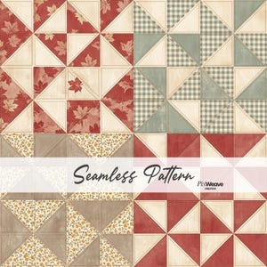 Pode incluir: Um padrão digital sem costuras com uma grelha de quadrados estilo patchwork. O design inclui quadrantes com folhas de ácer vermelhas, xadrez vichy verde, estampados florais amarelos sobre bege e triângulos vermelhos sólidos com costuras.
