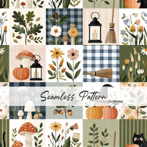 May include: A seamless pattern featuring a grid of autumn-themed illustrations including orange pumpkins, red and white mushrooms, black lanterns, brown brooms, oak leaves with acorns, wildflowers, and black cats on various plaid backgrounds.
