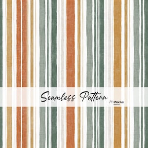 Puede incluir: Un patrón sin costuras con rayas verticales en tonos naranja quemado, verde salvia, amarillo mostaza y blanco. Las rayas tienen una apariencia texturizada y pintada a mano con anchos variables. Aparece el texto Seamless Pattern y PixWeave Creative.