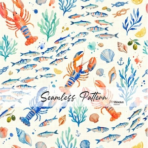 May include: Watercolor seamless pattern featuring lobsters, fish, seashells, and seaweed in shades of orange, blue, and green. The words "Seamless Pattern" are written across the image.