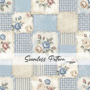 May include: A seamless pattern featuring a patchwork design with various textures and floral motifs. The design incorporates squares of blue gingham, striped fabric, and floral prints with roses in shades of blue, pink, and cream. The text "Seamless Pattern" is displayed.