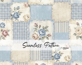 Patrón de patchwork sin costuras de rosas azules vintage, papel digital de colcha floral shabby chic, fondo de granja cottagecore