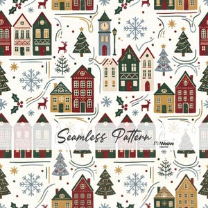 Pode incluir: Um padrão contínuo com uma cena festiva de aldeia de inverno com casas vermelhas, verdes e douradas, árvores perenes, flocos de neve, ramos de azevinho e silhuetas de renas num fundo branco. O texto Seamless Pattern PixWeave Creative é visível.