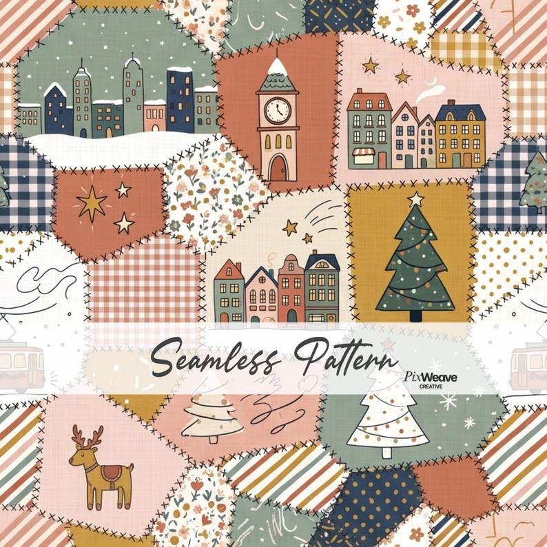 Seamless Christmas patchwork pattern with winter village houses, Christmas trees, reindeer, clock towers, gingham, floral and striped quilt blocks.