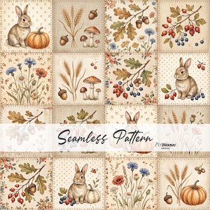 May include: A seamless pattern featuring a grid of square patches with illustrations of rabbits, pumpkins, wheat stalks, mushrooms, acorns, oak leaves, and wildflowers in muted earth tones. The text Seamless Pattern and PixWeave Creative appears.