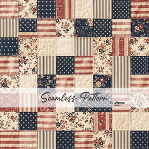 Puede incluir: Un patrón de edredón de patchwork con temas patrióticos. El diseño incluye campos de estrellas azul marino, rayas rojas y blancas, estampados florales y tela a rayas. El texto "Seamless Pattern" se muestra en la imagen.