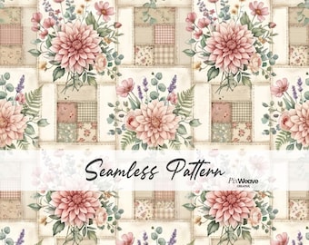 Patrón sin costuras de patchwork de dalias estilo shabby chic, tela floral cottagecore, papel digital de patchwork vintage, rosa suave