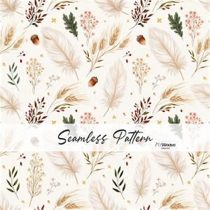 Peut inclure: Un motif répétitif composé de plumes blanches, de glands marron, d'épis de blé dorés, de feuilles de chêne vertes et de petites fleurs roses sur fond crème. Le texte Seamless Pattern et PixWeave Creative est imprimé au centre.