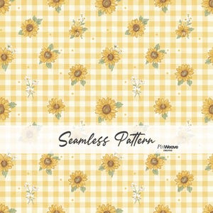 May include: A seamless pattern featuring yellow sunflowers and small white daisies arranged on a light yellow and white gingham check background with small white dots. The text Seamless Pattern and PixWeave Creative is centered.