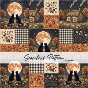 May include: A seamless pattern featuring a patchwork design with illustrations of black cats sitting under a full moon, cottages with smoking chimneys, floral arrangements, and black and white gingham squares in shades of orange, brown, and black.