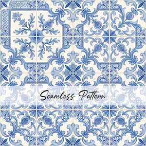 May include: A seamless pattern of blue and white tiles. Each tile features a floral design with intricate details, including stylized flowers and swirling leaves. The text "Seamless Pattern" is displayed across the bottom of the image.