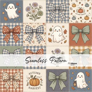 Padrão patchwork fofo de fantasmas com estampa de outono, tecido xadrez azul com laço, papel digital para o Halloween, design de colcha estilo cottagecore.