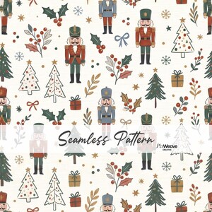 May include: A seamless pattern featuring illustrations of nutcrackers in red and blue uniforms, decorated Christmas trees, holly sprigs with red berries, gift boxes, and snowflakes on a cream background. The text Seamless Pattern is visible.