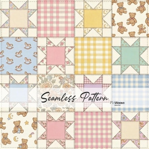 Könnte beinhalten: Ein nahtloses Muster mit einem Patchwork-Design. Es zeigt Quadrate in Pastelltönen, darunter Teddybären, Schaukelpferde, Vichy-Karo, Blumendrucke und Sternmotive. Der Text "Seamless Pattern" ist in der Mitte des Bildes zu sehen.