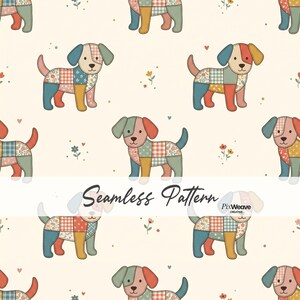 Lapptäcke hund sömlöst mönster, vintage bondgårdshundtyg, Cottagecore Gingham digitalt papper, quiltinspirerat valptryck