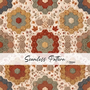 May include: A quilt fabric featuring a repeating hexagonal patchwork design in shades of rust, sage green, and tan. The pattern includes floral and leaf motifs on a cream background with visible stitching lines and the text Seamless Pattern.