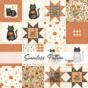 Black Cat Halloween-patchwork naadloos patroon, quiltstof cottagecore pompoen, digitaal digitaal papier herfst, boerderij