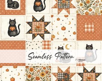Schwarze Katze Halloween Patchwork Nahtloses Muster, Cottagecore Kürbis Quilt Stoff, Vintage Herbst Digital Papier, Bauernhaus