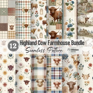 May include: A set of 12 seamless patterns with a Highland cow farmhouse theme. The designs include plaid, floral, and patchwork, featuring illustrations of Highland cows, flowers, and farm elements. The text "Highland Cow Farmhouse Bundle Seamless Pattern" is displayed.