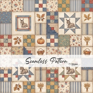 Pode incluir: Um padrão sem costuras com um design de patchwork com quadrados de riscas azuis, estampados florais e cores sólidas. As ilustrações incluem burros, abóboras, folhas de carvalho com bolotas e feixes de trigo. Texto Seamless Pattern PixWeave.