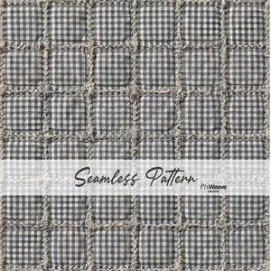 May include: A seamless pattern featuring a patchwork design with a gingham pattern in shades of gray and white. The squares are stitched together with a textured, light gray thread. The text "Seamless Pattern" is displayed across the bottom.