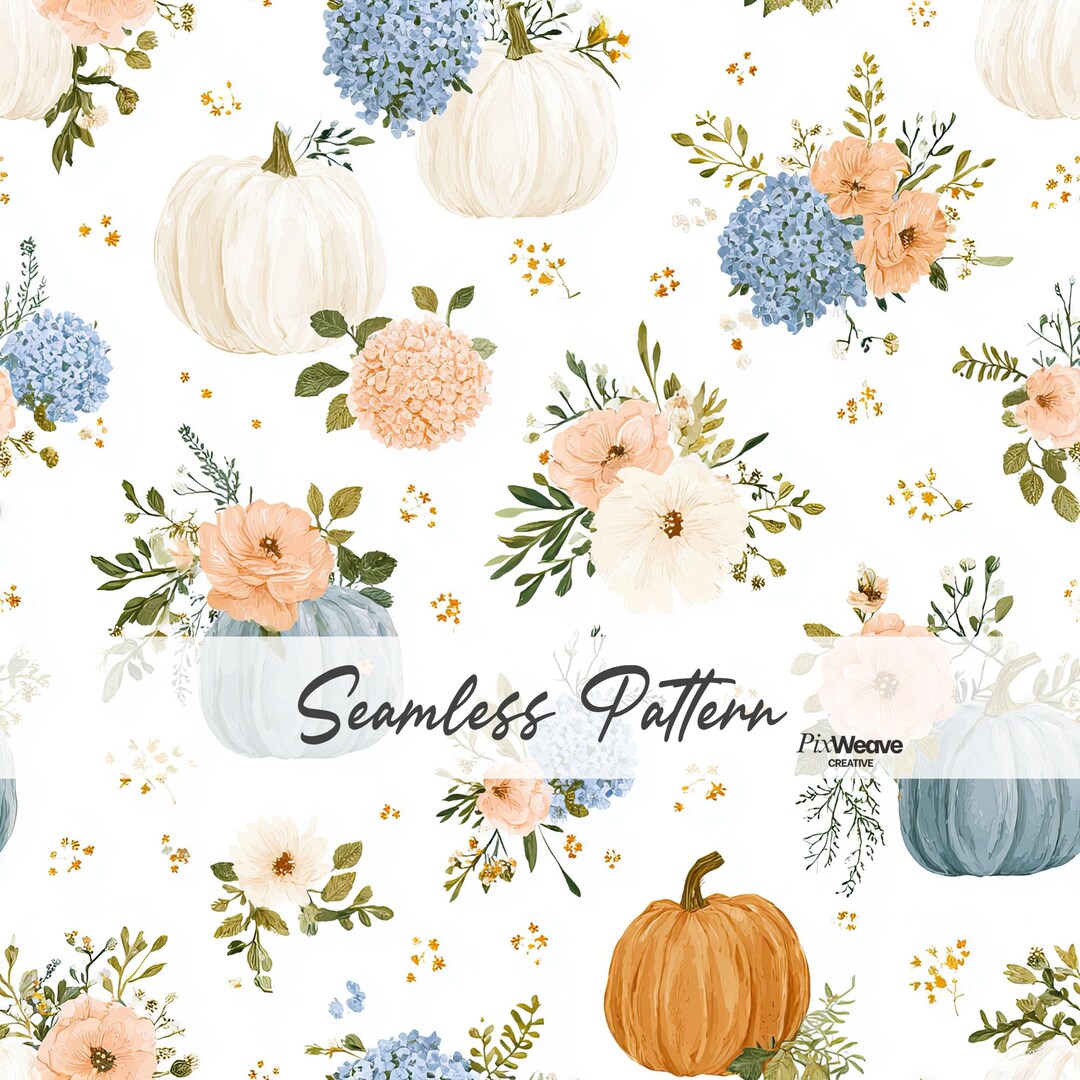 Heirloom Pumpkin Garden Seamless Fabric Pattern, Blue Pumpkin Floral ...