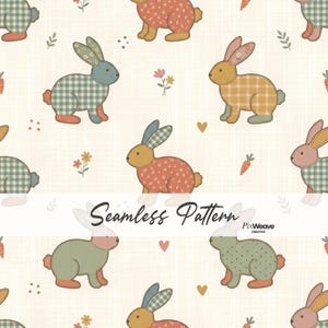 Puede incluir: Un patrón continuo con conejos ilustrados en varios colores y texturas, incluyendo cuadros, flores y lunares. El diseño incluye pequeñas zanahorias, flores y corazones sobre un fondo crema con el texto Seamless Pattern.