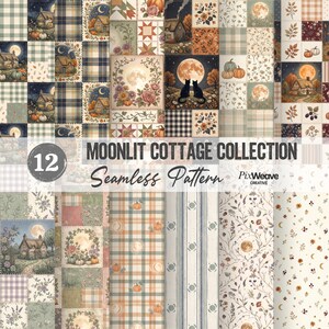 Könnte beinhalten: Eine digitale Sammlung von 12 nahtlosen Mustern mit dem Titel Moonlit Cottage Collection von PixWeave Creative. Die Designs zeigen Patchwork-Quadrate mit Illustrationen von Häusern, Kürbissen, Vollmonden, schwarzen Katzen, Blumenkränzen und Karomustern.