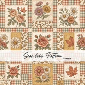 Op de afbeelding: Een naadloos patroon met een gewatteerd patchworkontwerp met afwisselende vierkanten van bloemillustraties, esdoornbladeren en een rood, groen en wit gingham-ruitpatroon. De tekst Seamless Pattern en PixWeave Creative is zichtbaar.