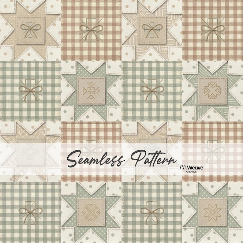 farmhouse seamless patchwork fabric pattern sage green gingham quilt bow design