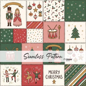 May include: A patchwork-style digital fabric design featuring a repeating Christmas theme. Squares display nutcrackers, ballerinas, drums, ornaments, holly, candy canes, and pine trees in red, green, and cream. Text reads Seamless Pattern, PixWeave Creative, and MERRY CHRISTMAS.
