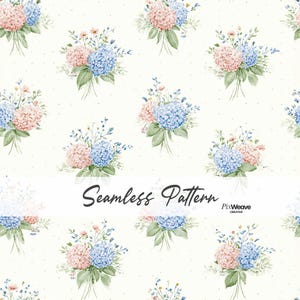May include: A seamless pattern featuring repeating bouquets of pink and blue hydrangea flowers with green leaves on a white background with small dots. A white horizontal band across the center displays the text Seamless Pattern PixWeave CREATIVE.