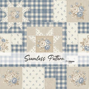 May include: A seamless pattern featuring a patchwork design with blue and white gingham, floral bouquets, and star-shaped blocks. The pattern includes the text "Seamless Pattern". The color palette is soft, with beige, blue, and white hues.
