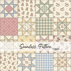 May include: A seamless pattern featuring a patchwork design with various squares. The squares display teddy bears, rocking horses, stars, gingham, and floral patterns in soft pastel colors. The text "Seamless Pattern" is across the center.
