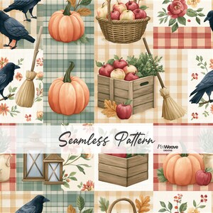 Könnte beinhalten: Ein nahtloses Muster mit herbstlichen Motiven wie orangefarbenen Kürbissen, roten Äpfeln in Holzkisten und Weidenkörben, schwarzen Krähen, Strohbesen, Laternen und floralen Akzenten auf karierten Hintergründen. Der Text Seamless Pattern ist mittig.