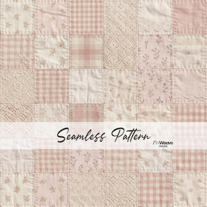Shabby chic spetsmönster med lapptäcke, rosa neutralt quilttyg, digitalt papper i Cottagecore för barnrumsinredning