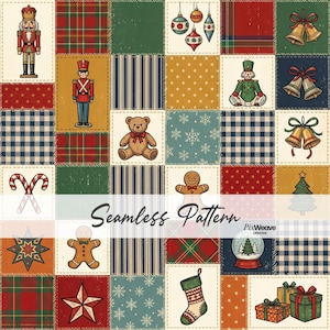 May include: A seamless pattern featuring a grid of squares with Christmas illustrations including nutcrackers, teddy bears, gingerbread men, ornaments, bells, candy canes, stars, snowflakes, stockings, and gift boxes in red, green, and blue.