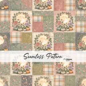 Könnte beinhalten: Ein nahtloses Muster mit einem Patchwork-Design aus salbeigrünen, altrosa und karierten Quadraten. Der Druck enthält Illustrationen von Kürbissen, Blumenkränzen und Vollmonden. Der Text Seamless Pattern und PixWeave Creative ist sichtbar.